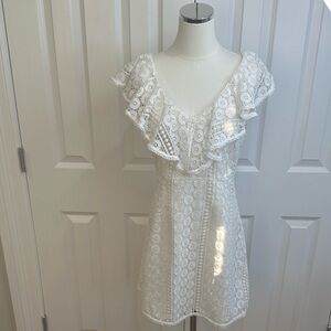 French Connection White Crochet Lace Overlay Ruffle V-Neck Mini Dress Size 8